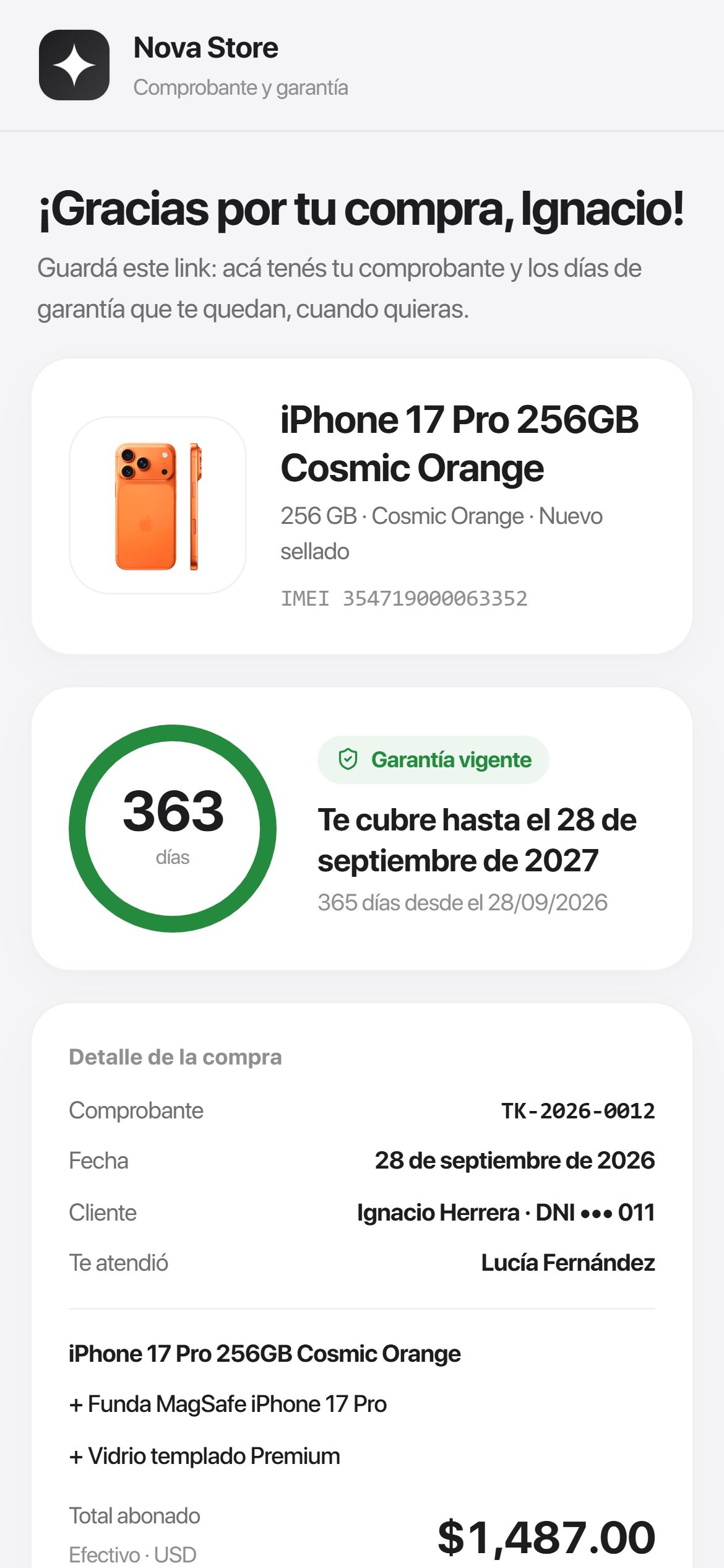 Comprobante online que ve el cliente: su iPhone con IMEI, 363 días de garantía vigente y el detalle de la compra