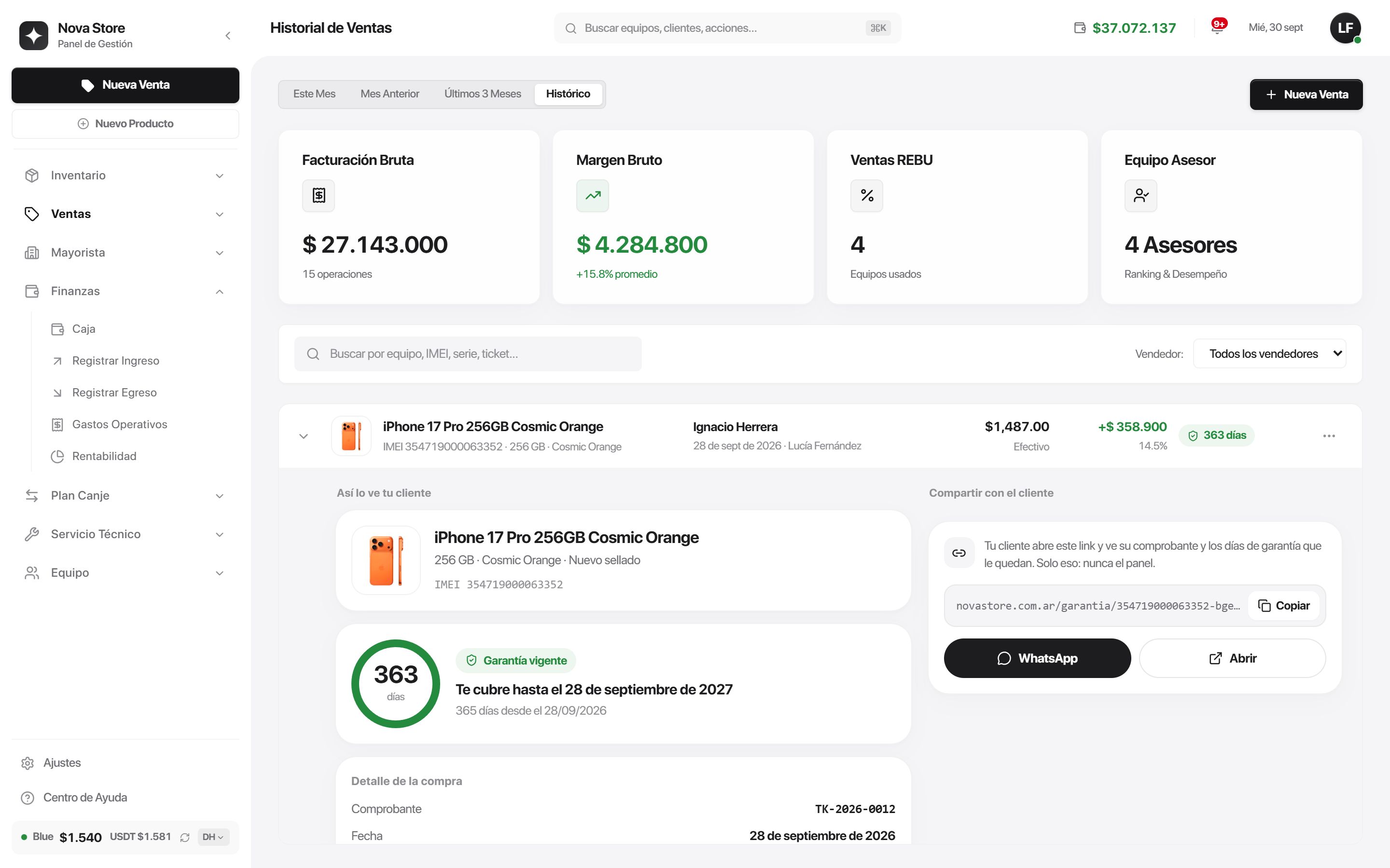 Historial de ventas con una venta abierta: el comprobante como lo ve el cliente y el link para compartir por WhatsApp
